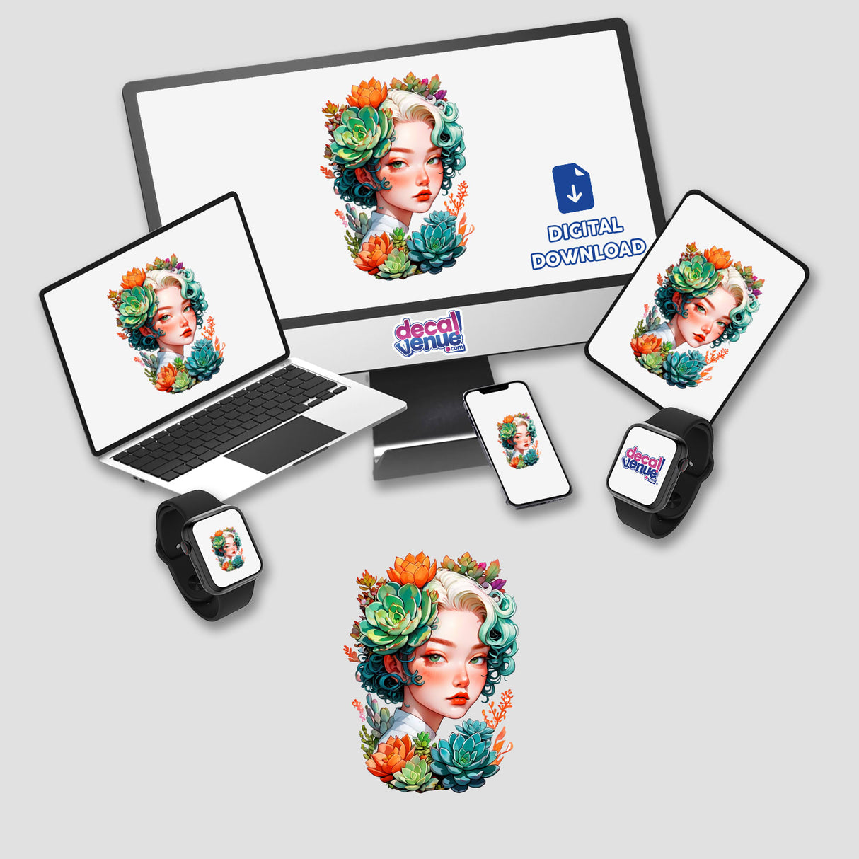 Nature and Beauty Sticker | Woman’s Portrait with Succulent Plants: Digital artwork featuring a woman's face adorned with succulents, displayed on a laptop, monitor, and phone. Available as stickers or digital artwork.