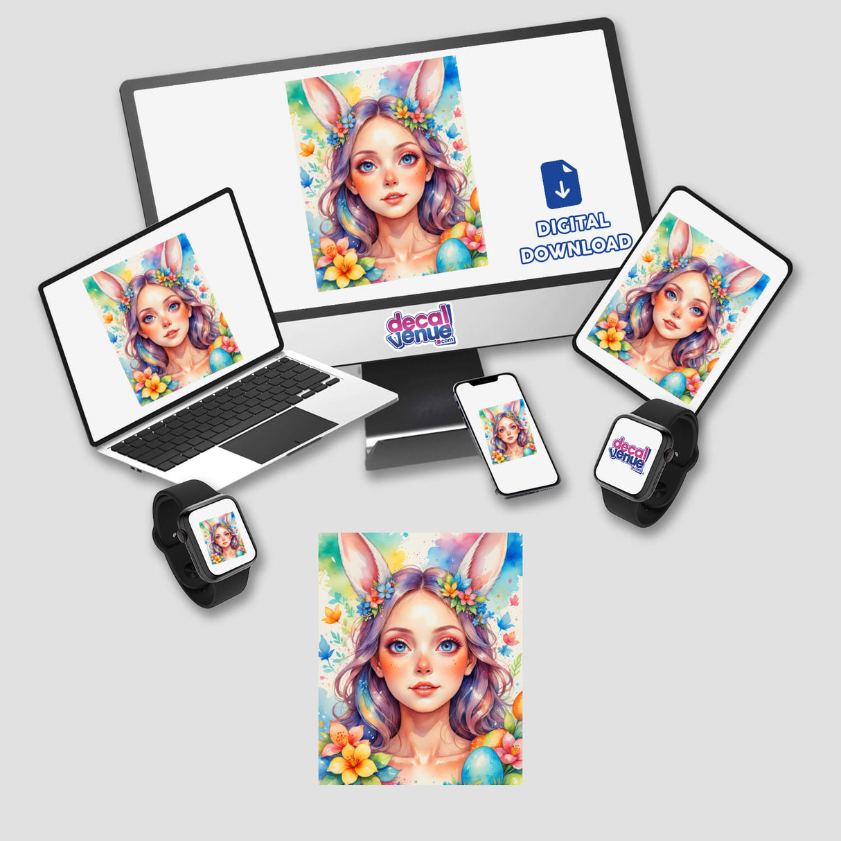 A Cute Easter Bunny Girl digital artwork on a laptop and monitor, featuring a cartoon girl with bunny ears and flowers, available as stickers or digital art from Decal Venue.