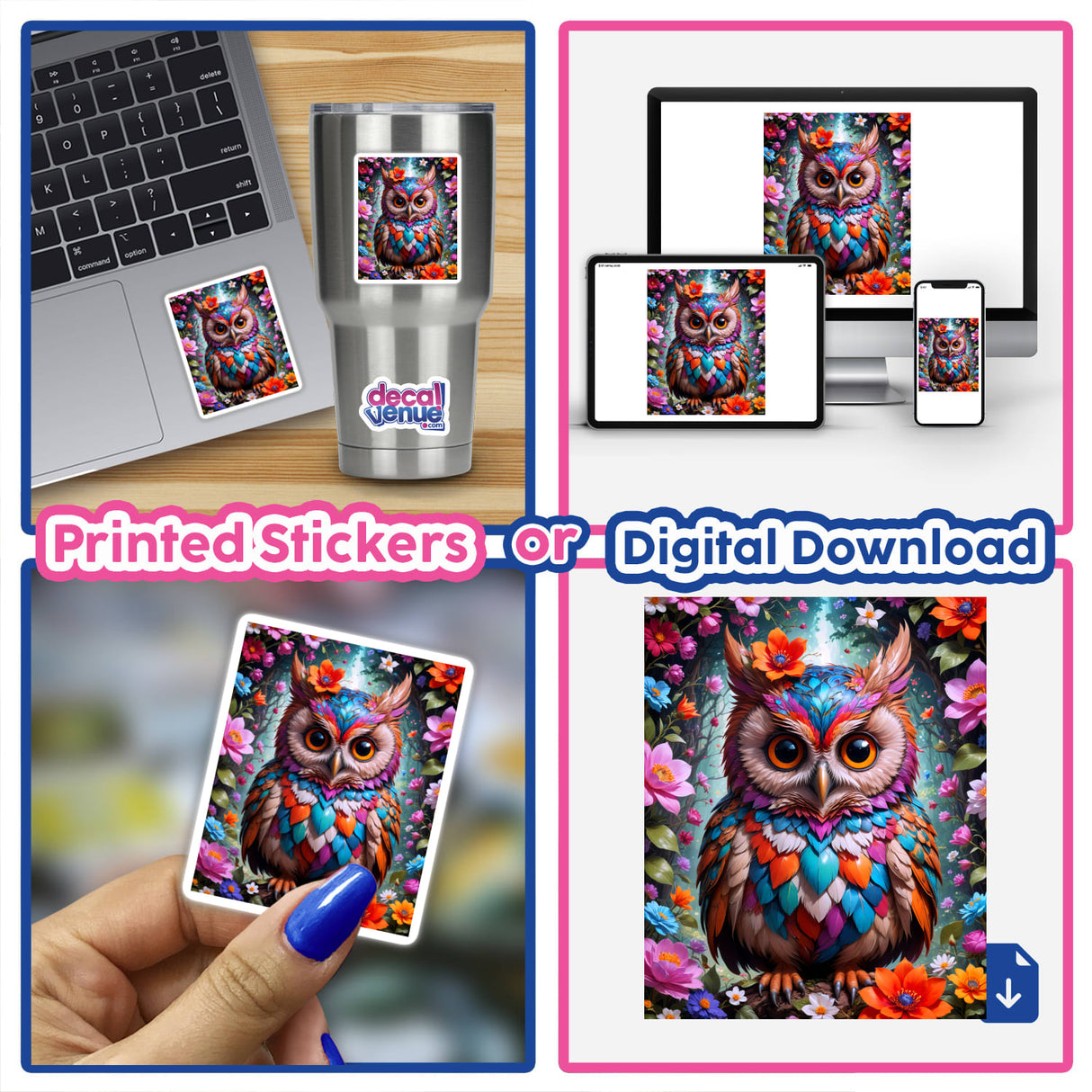 A Lovely Owl With Blooming Flowers sticker displayed on a laptop, showcasing vibrant floral details and whimsical cartoon style, available as a sticker or digital artwork from Decal Venue.