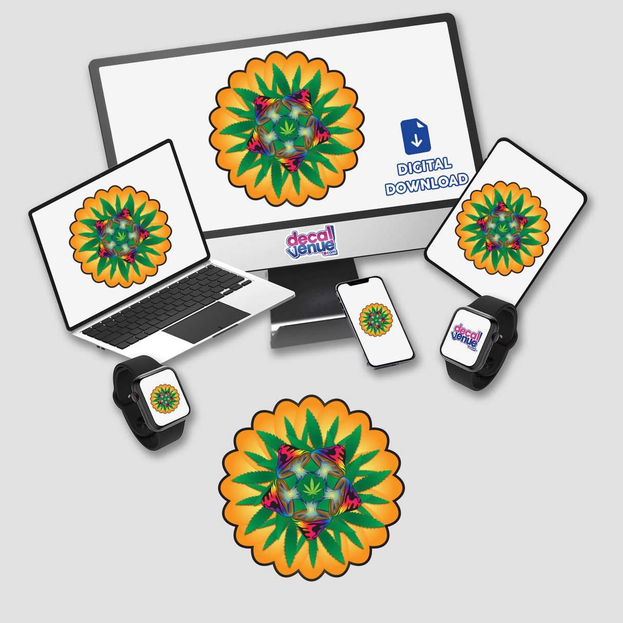 Vibrant digital artwork depicting a trippy, psychedelic mushroom flower surrounded by various electronic devices, including a desktop computer, laptops, smartphones, and a smartwatch. The Decal Venue logo is prominently displayed, indicating that this digital artwork is available for purchase or download from their store.