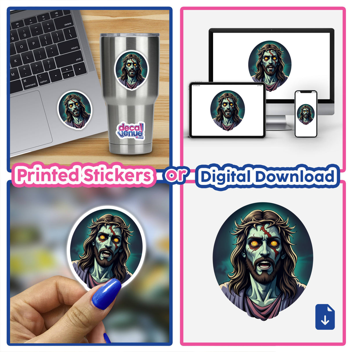 Jesus Christ As A Zombie: collage featuring a laptop displaying a zombie face and cartoon-style zombie illustrations, available as stickers or digital artwork from Decal Venue.