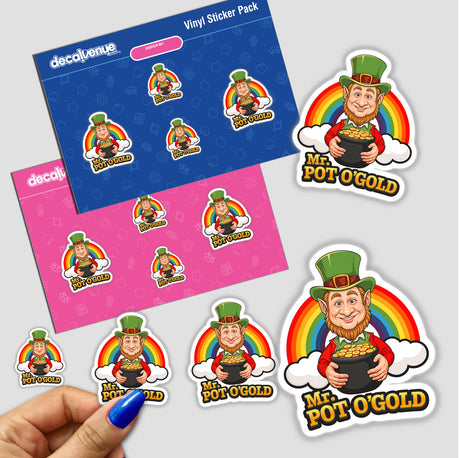 Mr. Pot O'Gold St. Patrick's Day sticker pack features cartoon leprechauns holding pots of gold, available as stickers or digital artwork, perfect for festive decoration or digital use.