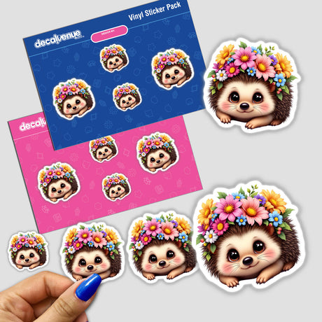 Cute Hedgehog with a Floral Crown sticker held by a hand, showcasing a cartoon hedgehog adorned with flowers. Available as stickers or digital artwork from Decal Venue.