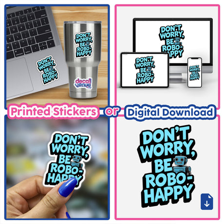 Collage featuring a laptop with the 'Don't Worry Be Robo-Happy Funny Quote' sticker prominently displayed, highlighting its unique design available as stickers or digital artwork from Decal Venue.