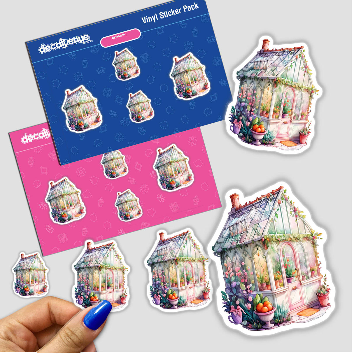 Fairy Tale Cottage Sticker featuring a whimsical, flower-filled design with a colorful cartoon house and greenhouse elements. Available as a sticker or digital artwork from Decal Venue.