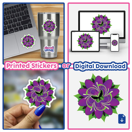 Purple and green floral digital art design featuring a butterfly on a Decal Venue product page