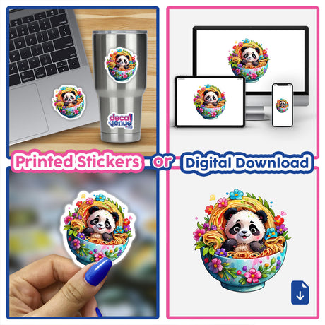 Panda Noodle Bowl stickers and digital artwork featuring a cute cartoon panda sitting in a bowl of noodles.