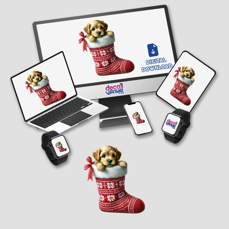 Puppy Peeking Out of Christmas Stocking - Digital artwork featuring a cute puppy inside a red and white stocking, viewable on various devices like a laptop and smartwatch.