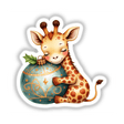 Baby Giraffe Sleeping on Christmas Ornament, depicted in a whimsical illustration, showcasing a giraffe gently hugging a blue and gold ornament. Available as unique stickers or digital artwork.