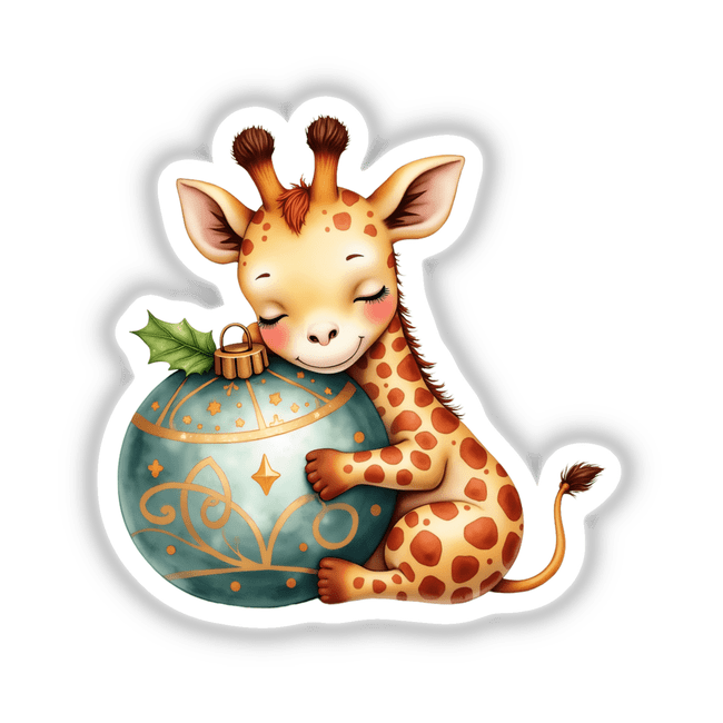 Baby Giraffe Sleeping on Christmas Ornament, depicted in a whimsical illustration, showcasing a giraffe gently hugging a blue and gold ornament. Available as unique stickers or digital artwork.