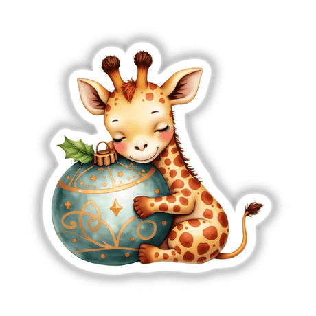 Baby Giraffe Sleeping on Christmas Ornament, depicted in a whimsical illustration, showcasing a giraffe gently hugging a blue and gold ornament. Available as unique stickers or digital artwork.