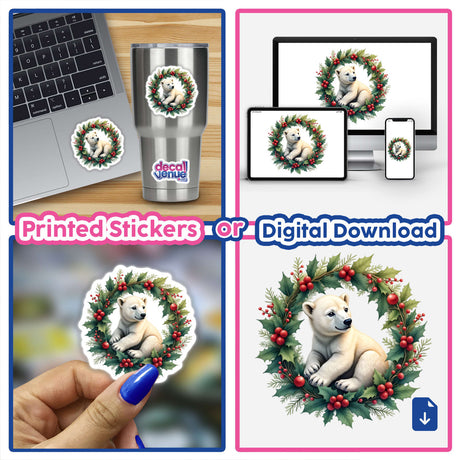 Polar Bear Cub in a Christmas Wreath sticker shown as a collage, featuring a hand holding the sticker and a laptop with the sticker applied, highlighting its versatility as digital art or decal.