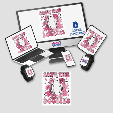 Gold Breast Cancer Series 2: Laptop and computer monitor displaying pink flowers and a ghost, available as stickers or digital artwork.