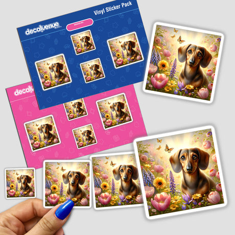 Dachshund in a Sunlit Flower Field Watercolor Illustration displayed on a sticker, featuring a dachshund amidst vibrant flowers, capturing a whimsical garden scene. A hand, adorned with blue nail polish, holds it.