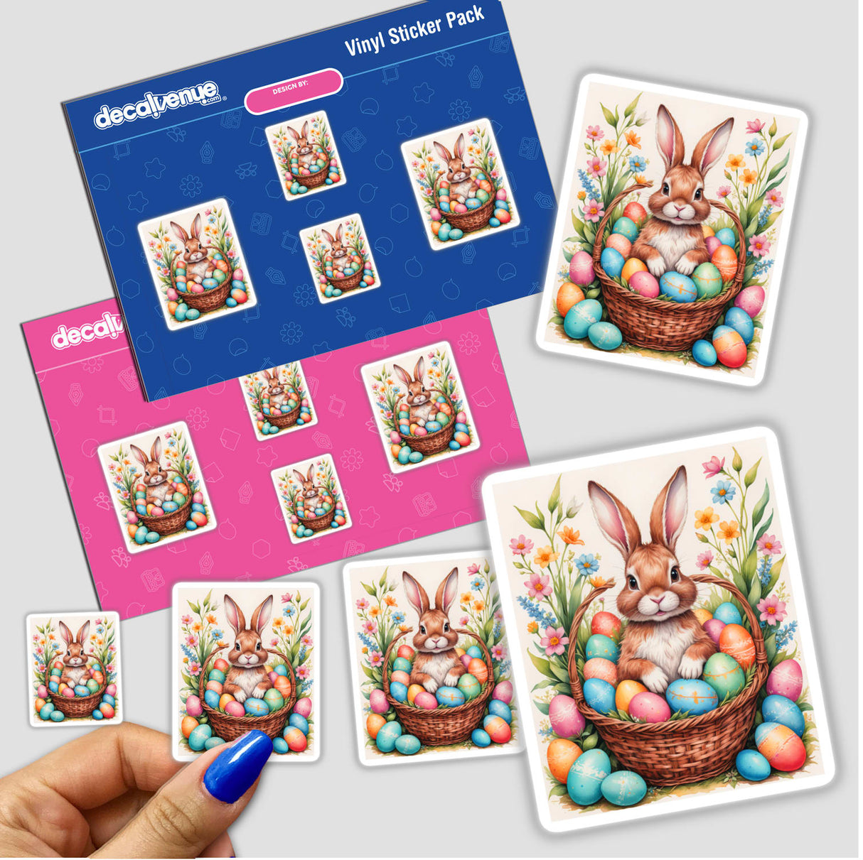 Sticker pack titled A Cute Easter Bunny In A Basket With Eggs, featuring cartoon bunnies in baskets filled with eggs, reflecting Decal Venue's unique vinyl sticker and digital art collection.