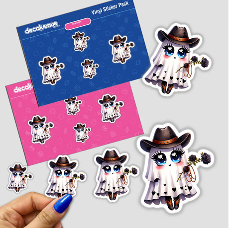 Cute Halloween Ghost with Cowboy Hat stickers featuring cartoon characters, including a ghost with a hat and rose. Available as stickers or digital artwork from Decal Venue.