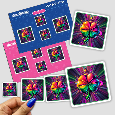 Super Lucky Charm sticker featuring a vibrant clover with a rainbow design, showcased prominently.