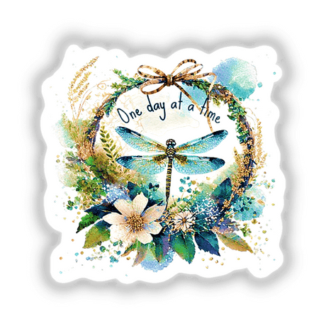 Vibrant digital artwork featuring a floral wreath with a dragonfly, the text "One day at a time", and colorful splashes of paint.