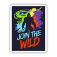 Join The Wild With Bigfoot poster features a silhouette of Bigfoot with dynamic, colorful text, available as unique stickers or digital artwork from Decal Venue.