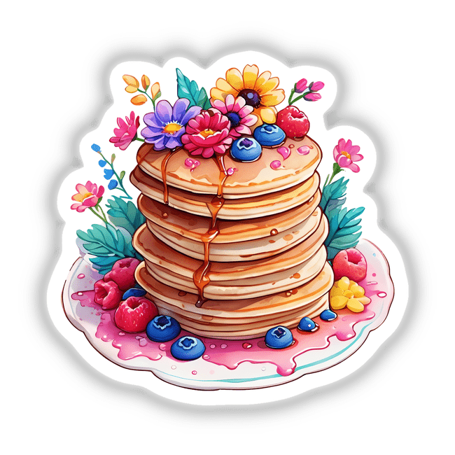 Floral Pancake Stack: A stack of pancakes adorned with flowers and drizzled with syrup, available as unique stickers or digital artwork from Decal Venue.