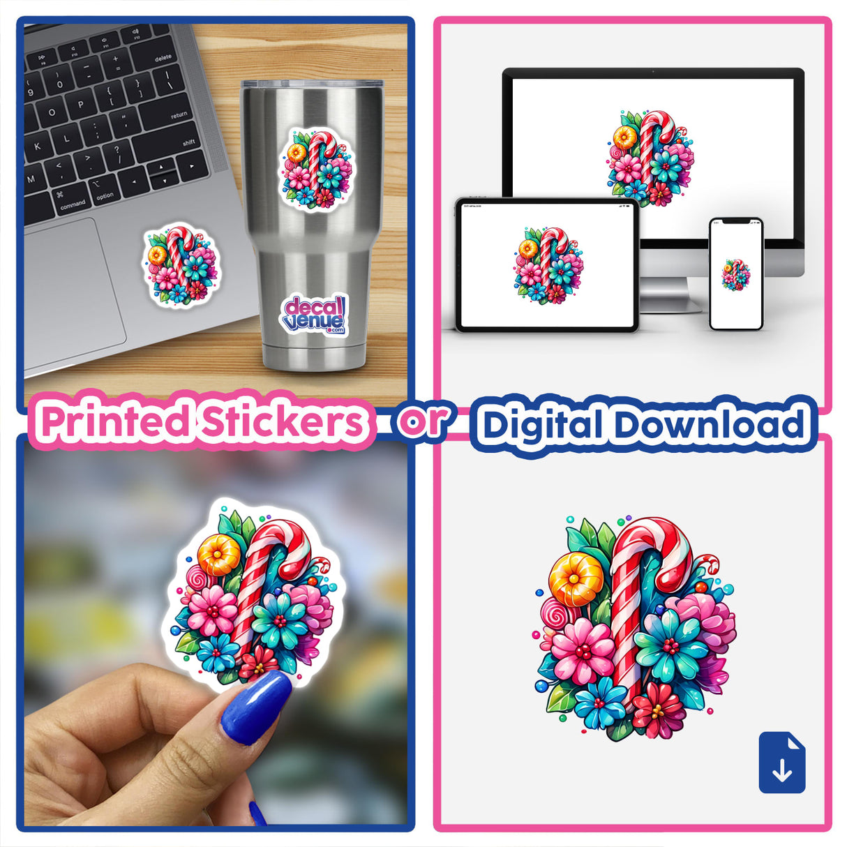 Candycane-themed digital artwork and stickers, featuring intricate designs with flowers and candy canes, displayed on laptops and cups.