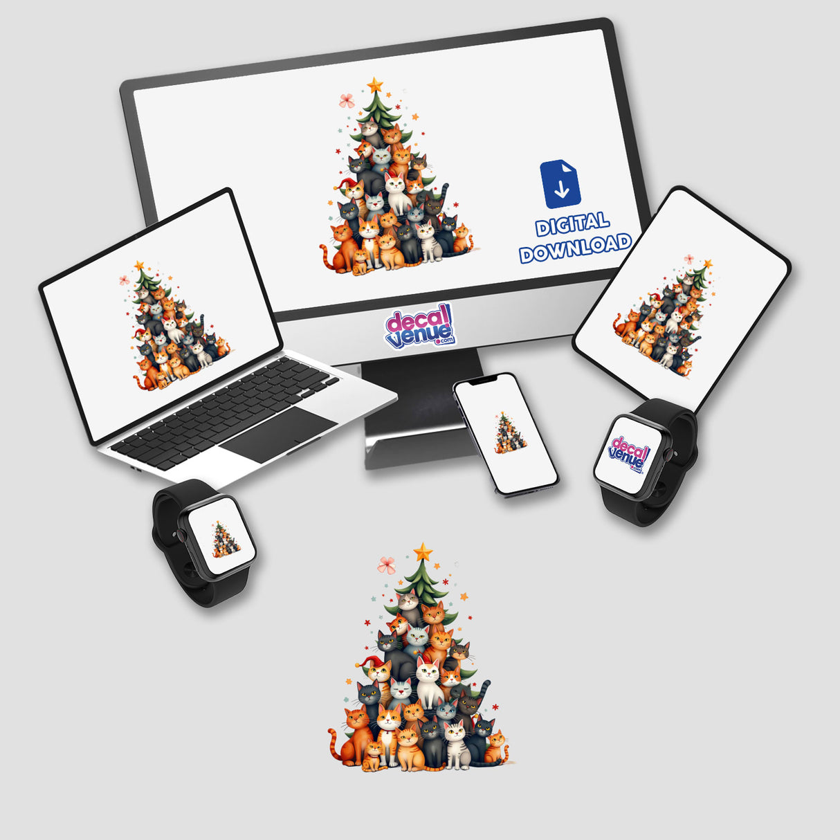 Cat Christmas Tree digital artwork displayed on a computer monitor and laptop, featuring playful cats and a festive tree, available as unique stickers from Decal Venue.