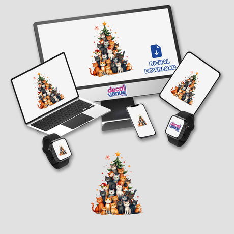 Cat Christmas Tree digital artwork displayed on a computer monitor and laptop, featuring playful cats and a festive tree, available as unique stickers from Decal Venue.