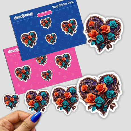 Heart-Shaped Ornament with Copper Swirls, featuring orange and teal roses with purple glitter accents, part of a sticker pack from Decal Venue, known for unique vinyl stickers and digital art.