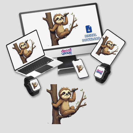 Adorable Sloth Climbing Tree sticker or digital artwork shown on computer monitor, laptop, and smartwatch screens.