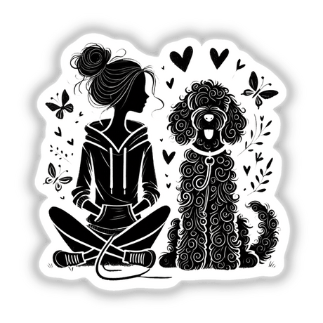 Goldendoodle Dog Mom sticker or digital artwork featuring a black and white illustration of a dog and woman, capturing a whimsical and artistic design.