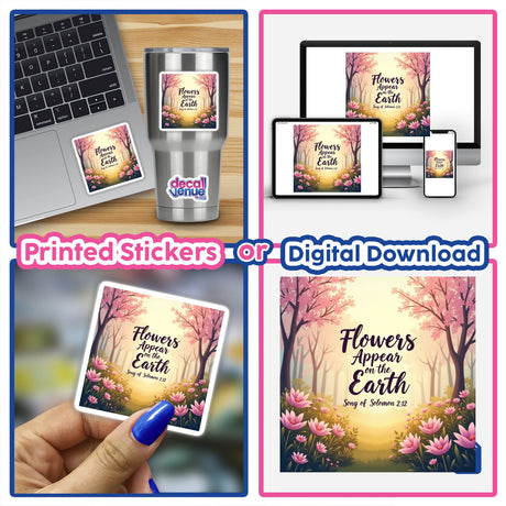 Collage featuring the Flowers Appear on the Earth – Song of Solomon 2:12 Bible Verse Sticker or Clipart, showing a laptop adorned with the sticker, showcasing its design and application.