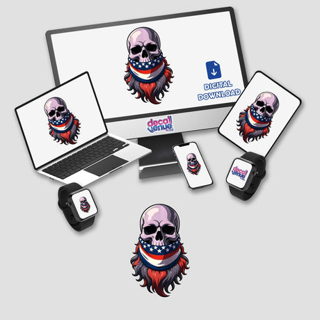 Cool Skull With American Flag Bandana on laptop and monitor screens, available as stickers or digital artwork. Features a bearded skull wearing a red, white, and blue bandana.