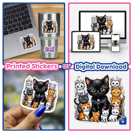 Cute cat pack portrait with floral accents - digital artwork available as printed stickers or digital download from Decal Venue online store.