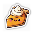 Kawaii Pumpkin Pie Slice with Whipped Cream Hat, depicted as a charming cartoon dessert with playful features, available as stickers or digital artwork. Perfect for adding a cute touch to collections.