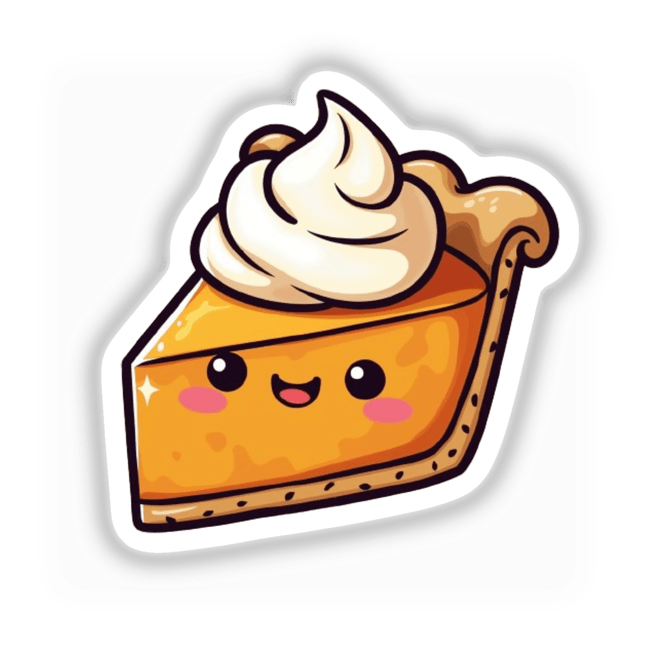 Kawaii Pumpkin Pie Slice with Whipped Cream Hat, depicted as a charming cartoon dessert with playful features, available as stickers or digital artwork. Perfect for adding a cute touch to collections.