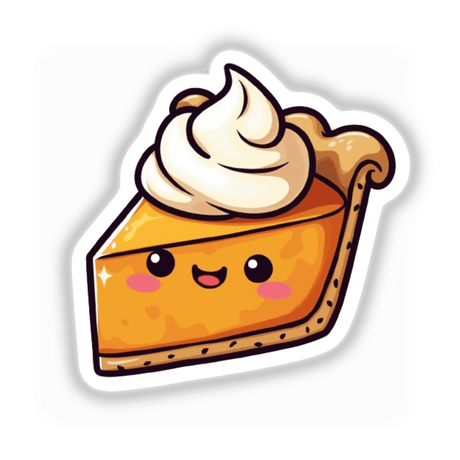 Kawaii Pumpkin Pie Slice with Whipped Cream Hat, depicted as a charming cartoon dessert with playful features, available as stickers or digital artwork. Perfect for adding a cute touch to collections.