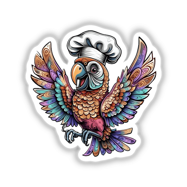 Colorful Chef Parrot with Vibrant Feathers and a Chef Hat illustration, available as stickers or digital artwork from Decal Venue, showcasing unique vinyl sticker design.