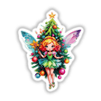 Sticker Design: Enchanting Christmas Tree Fairy with Festive Sparkles, featuring a whimsical cartoon fairy beside a decorated Christmas tree, perfect for holiday-themed stickers or digital artwork.