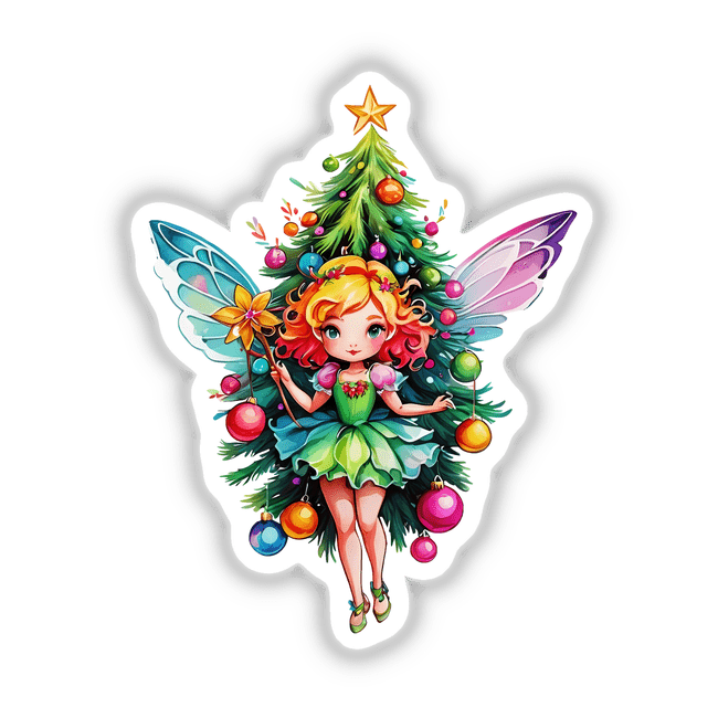 Sticker Design: Enchanting Christmas Tree Fairy with Festive Sparkles, featuring a whimsical cartoon fairy beside a decorated Christmas tree, perfect for holiday-themed stickers or digital artwork.