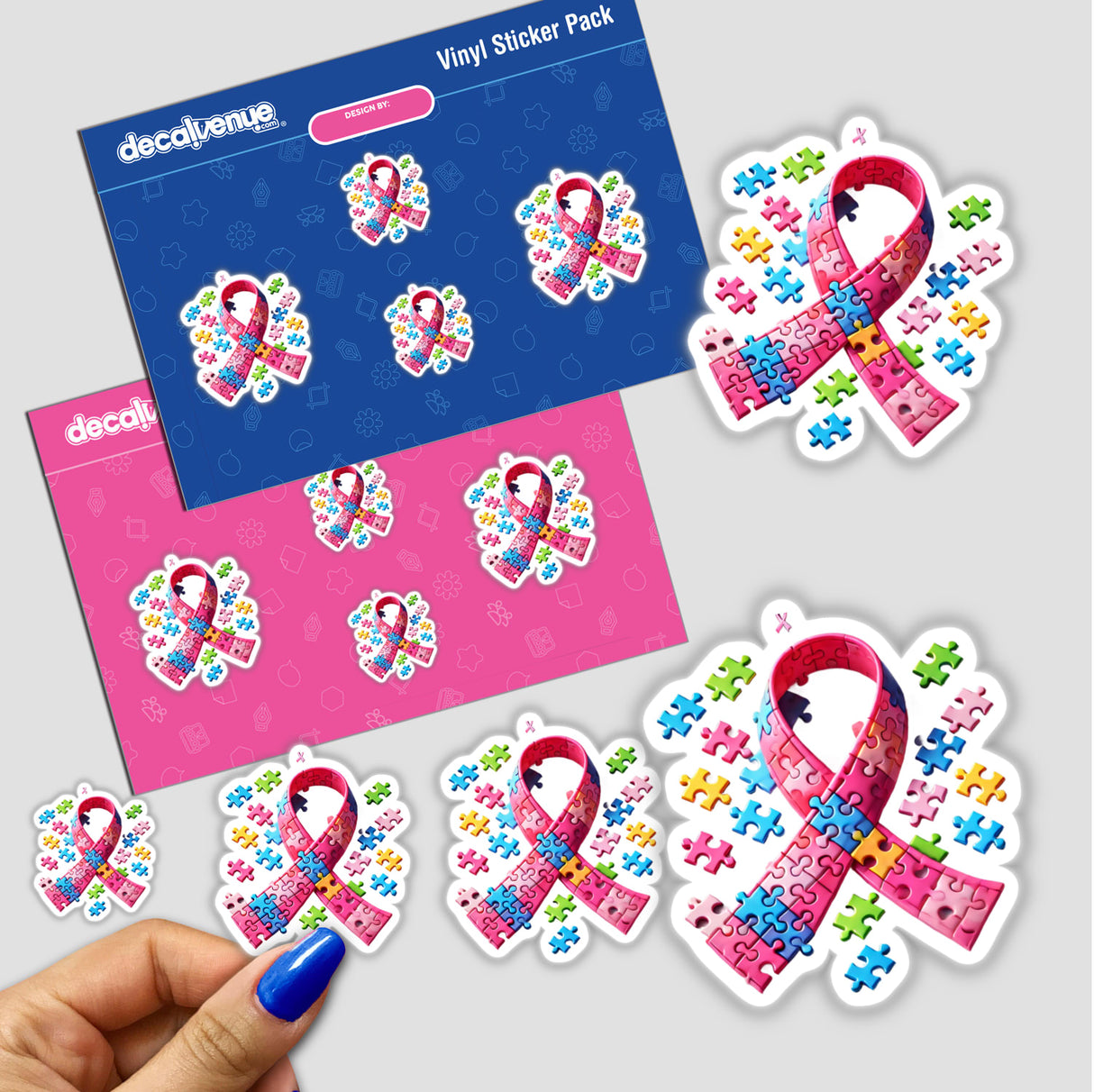 Stickers featuring pink ribbons and puzzle pieces for Breast Cancer Awareness, available as physical stickers or digital artwork from Decal Venue.