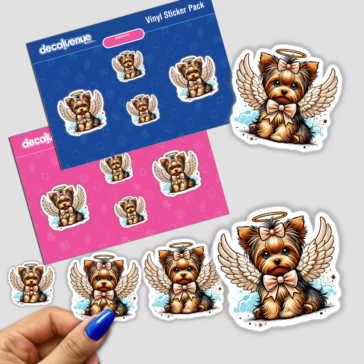 Halo and Wings Yorkie Angel Dog II sticker pack featuring cartoon dogs with wings and bows, available as vinyl stickers or digital artwork.