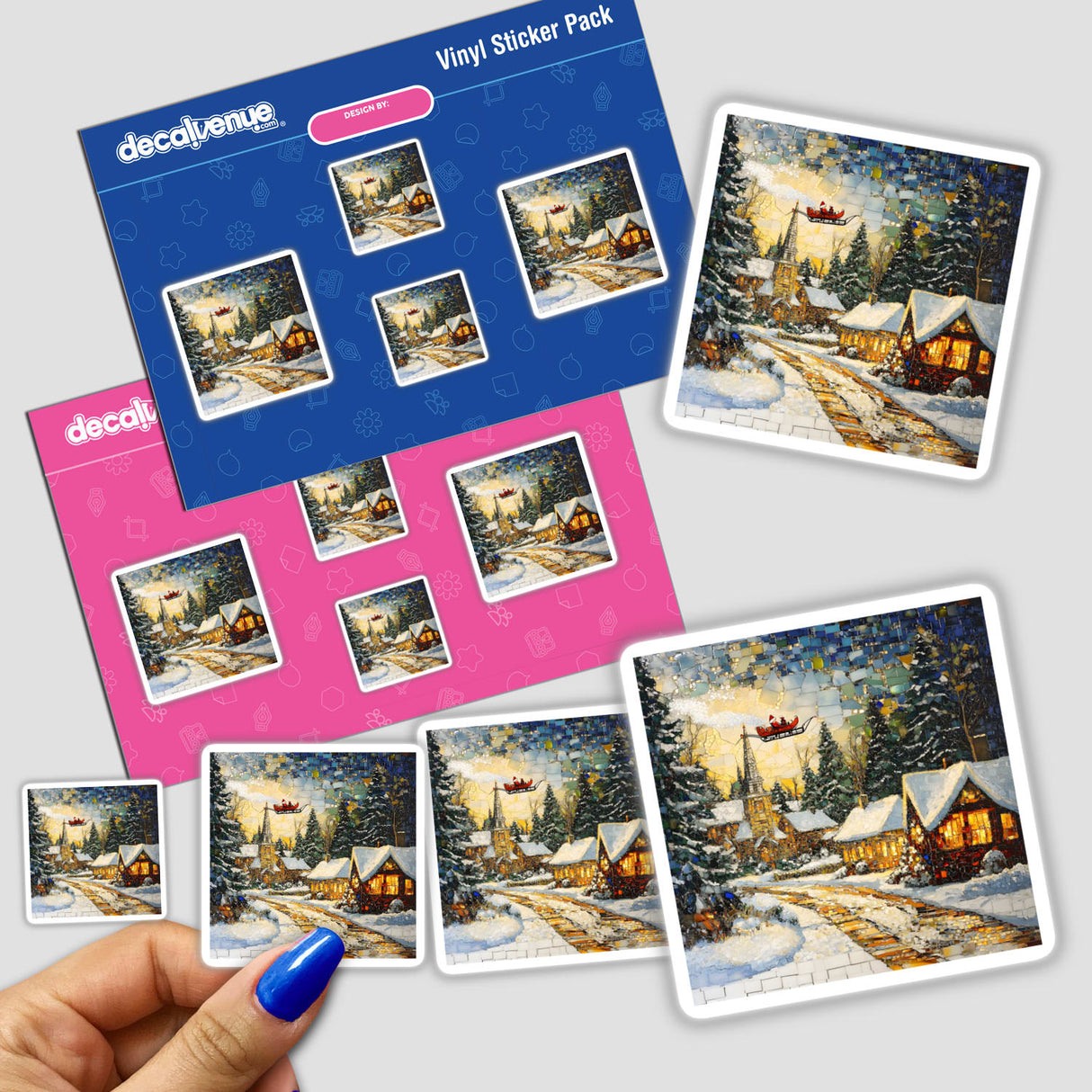 Hand holding a sticker pack titled Santa's Sleigh Flying Over a Snowy Village Mosaic, featuring detailed mosaic art of a village in the snow. Available as stickers or digital artwork.