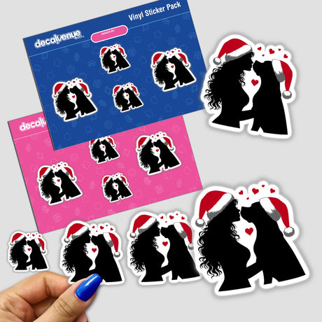 Stickers featuring the design Christmas Santa Lady Loves Her Pitbull Dog, showcasing a cartoon illustration of a woman kissing a dog, aligning with Decal Venue's unique sticker offerings.