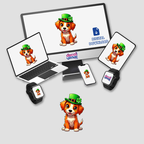 St. Patrick's Day Puppy stickers or digital artwork featuring cartoon dogs on a computer monitor, laptop, and tablet, showcasing playful, hat-wearing characters ideal for unique collections.