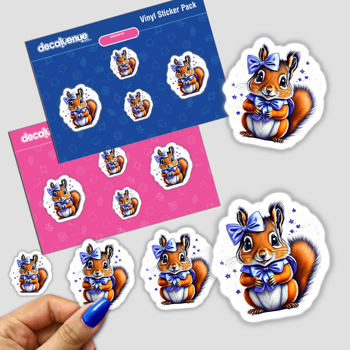 Stickers featuring a cartoon baby squirrel with a blue bow, available as physical stickers or digital artwork.