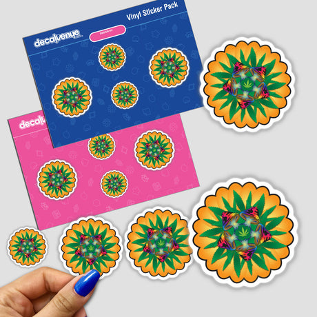 Colorful psychedelic mushroom digital artwork stickers displayed on a Decal Venue product packaging. The stickers feature vibrant floral designs in shades of orange, green, and pink, creating a trippy, cannabis-inspired aesthetic.