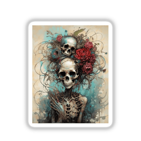 Beautiful Bones painting depicts a skeleton adorned with flowers, available as stickers or digital artwork.