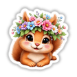 Charming Squirrel with a Flower Crown depicted as a cartoon, showcasing a whimsical squirrel adorned with vibrant flowers. Available as stickers or digital artwork from Decal Venue.