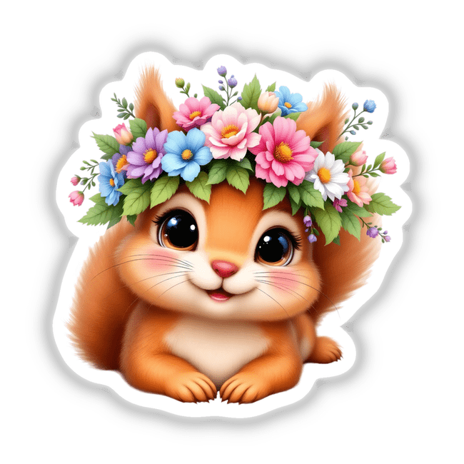 Charming Squirrel with a Flower Crown depicted as a cartoon, showcasing a whimsical squirrel adorned with vibrant flowers. Available as stickers or digital artwork from Decal Venue.