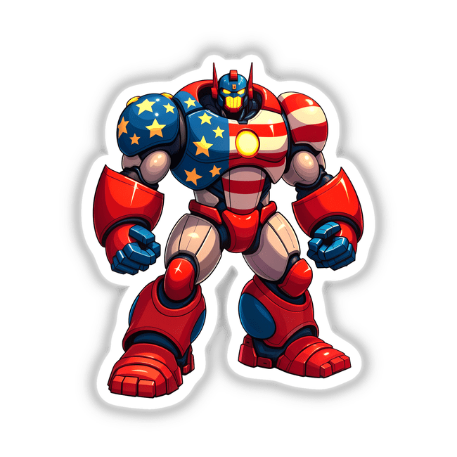 A Cool American Flag Army Robot cartoon, featuring a blue helmet with yellow stars and robotic arms, available as stickers or digital artwork from Decal Venue.